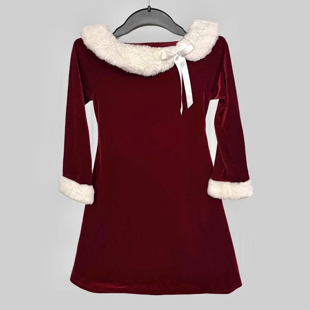 Velvet Christmas Dress Girls Size 8‎ Dark Red Burgundy Faux Fur Trim Santa Party